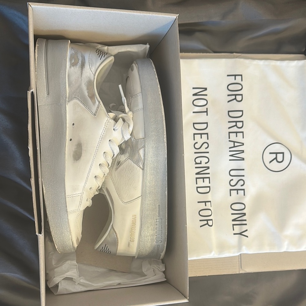 Golden Goose White and Silver Sneakers